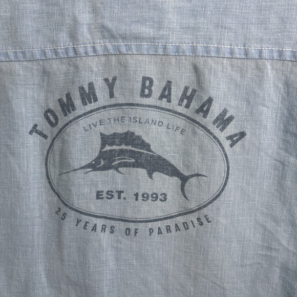 Tommy Bahama 100% Linen Button Up Shirt Men's 2XL Blue 25 years of Paradise EUC - Picture 8 of 10